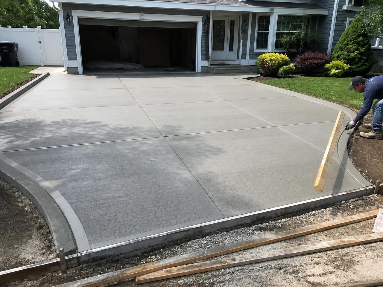 Freshly finished concrete driveway with tooled control joints at a home