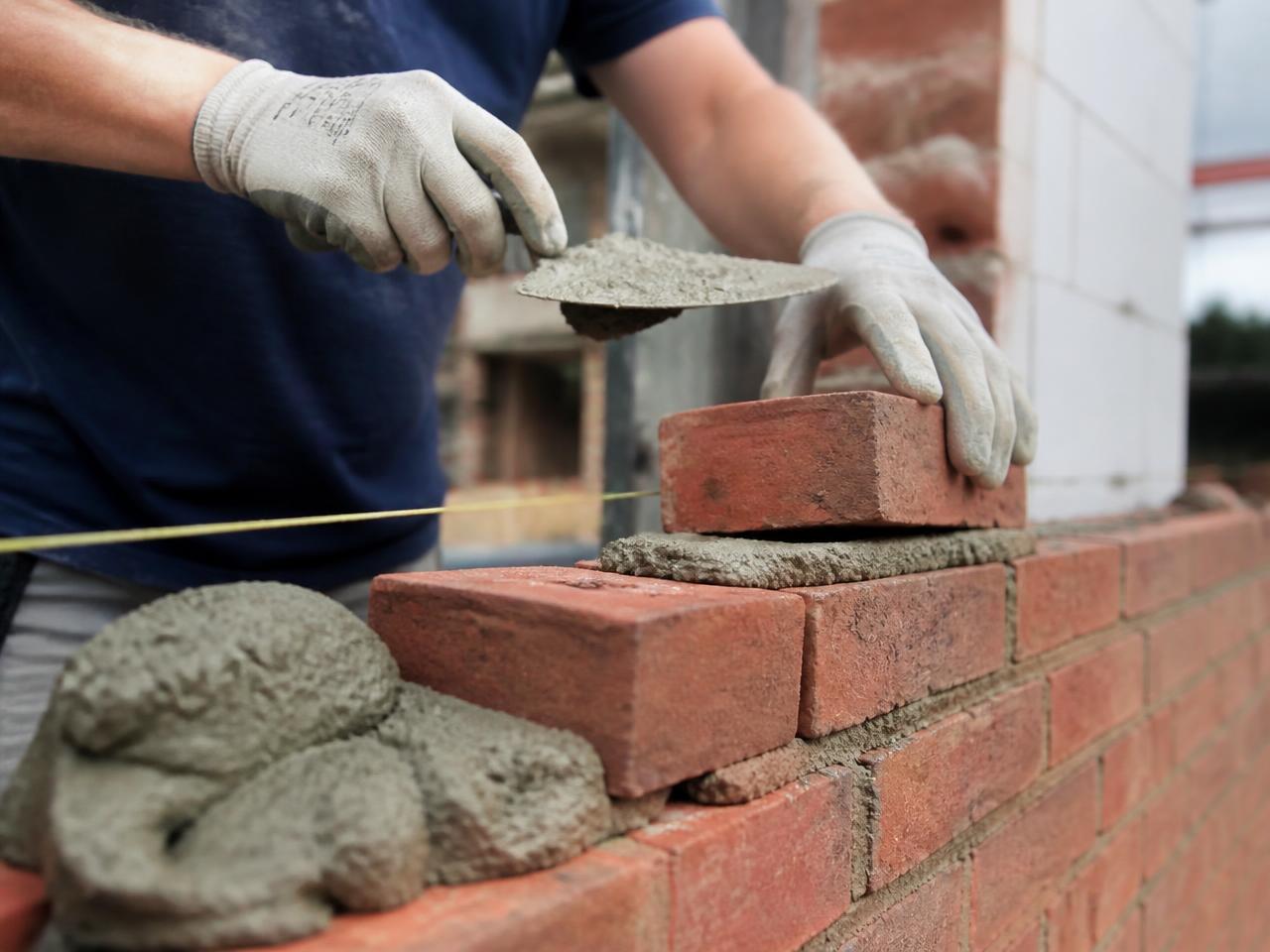 Mason applying mortar with a trowel while laying a red brick wall