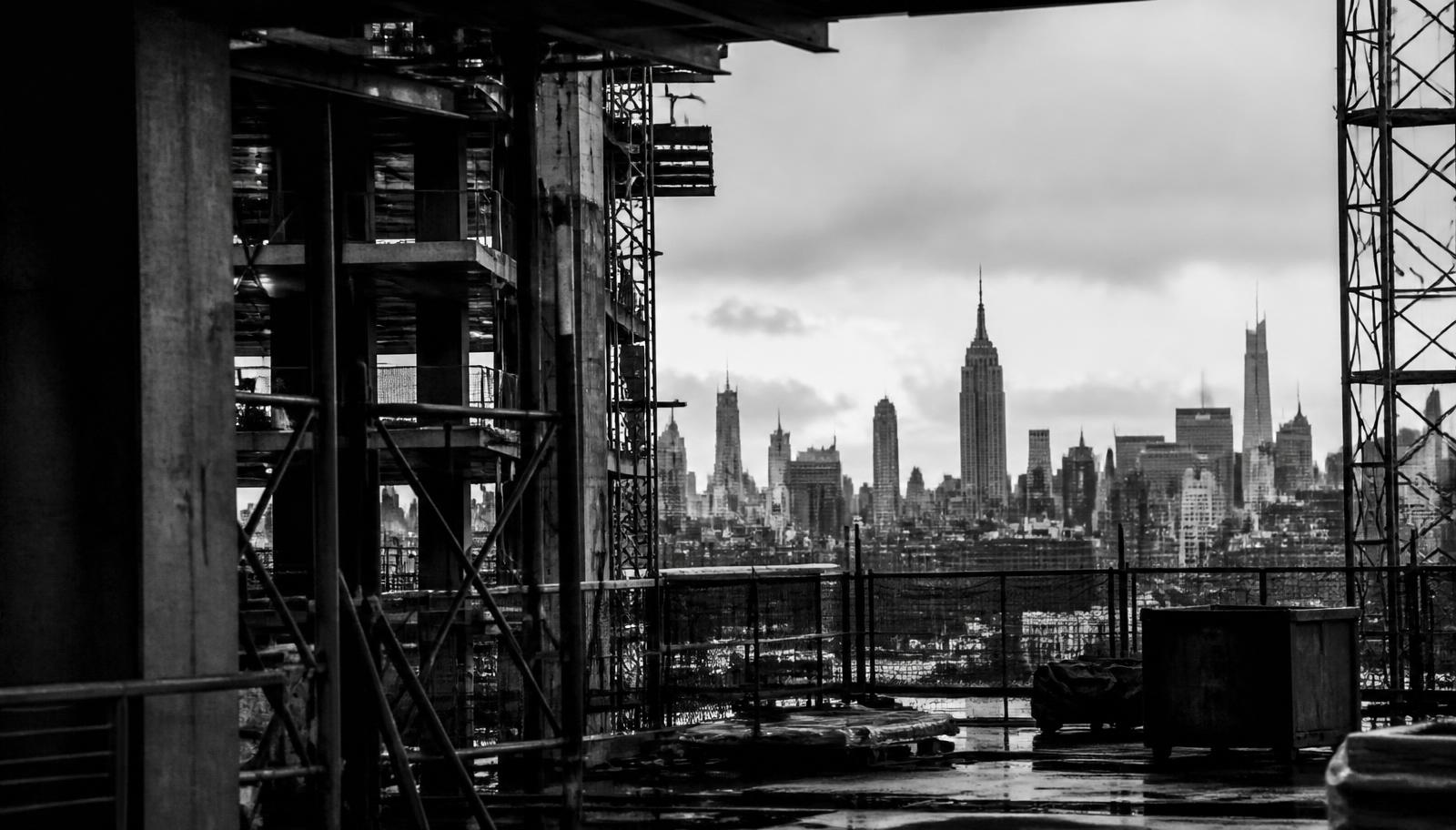 New York City skyline seen from a concrete building under construction