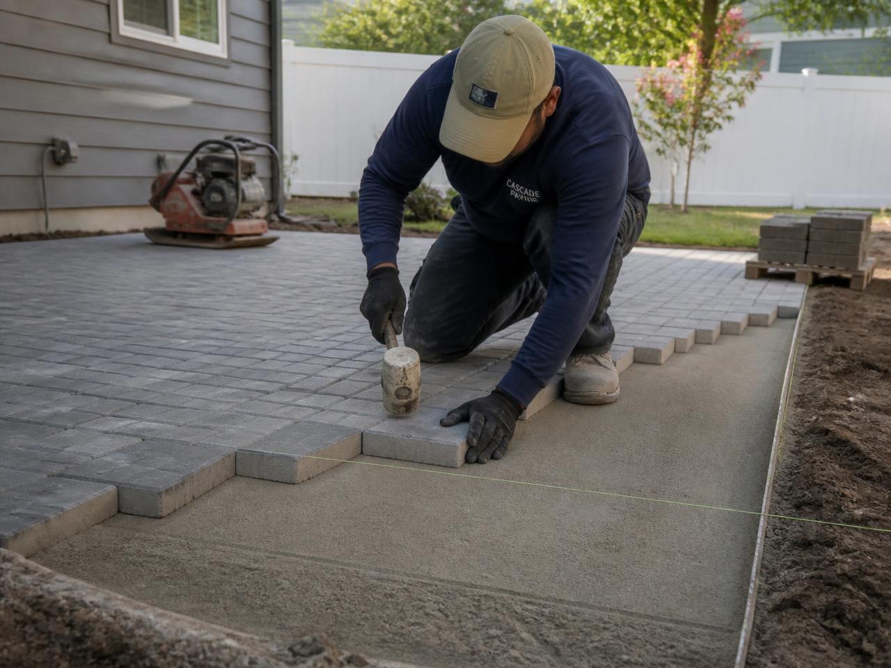 Worker setting interlocking concrete pavers on a sand base