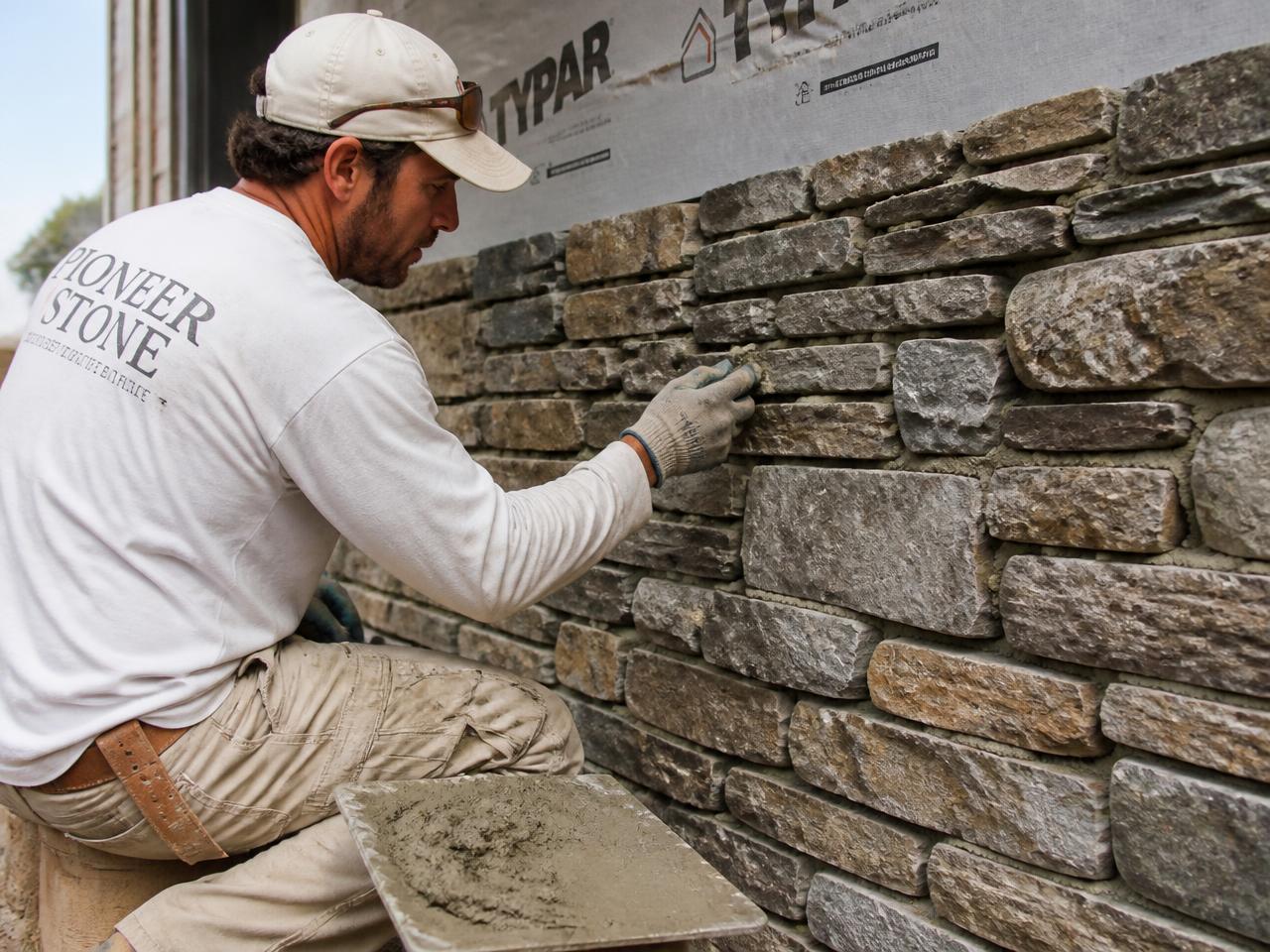 Mason installing stacked stone veneer on an exterior wall